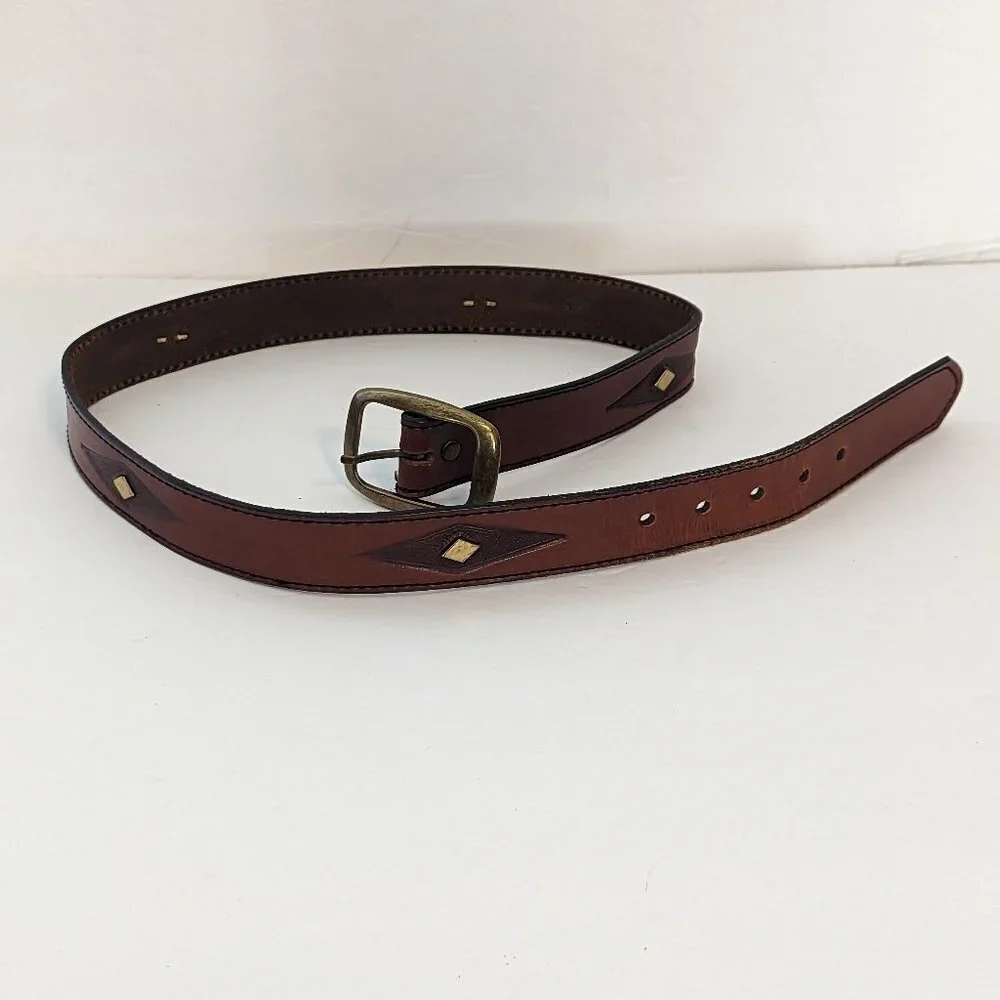 Western Leather Belt Diamond Pattern Geometric Bronze Tone Hardware‎ Vintage